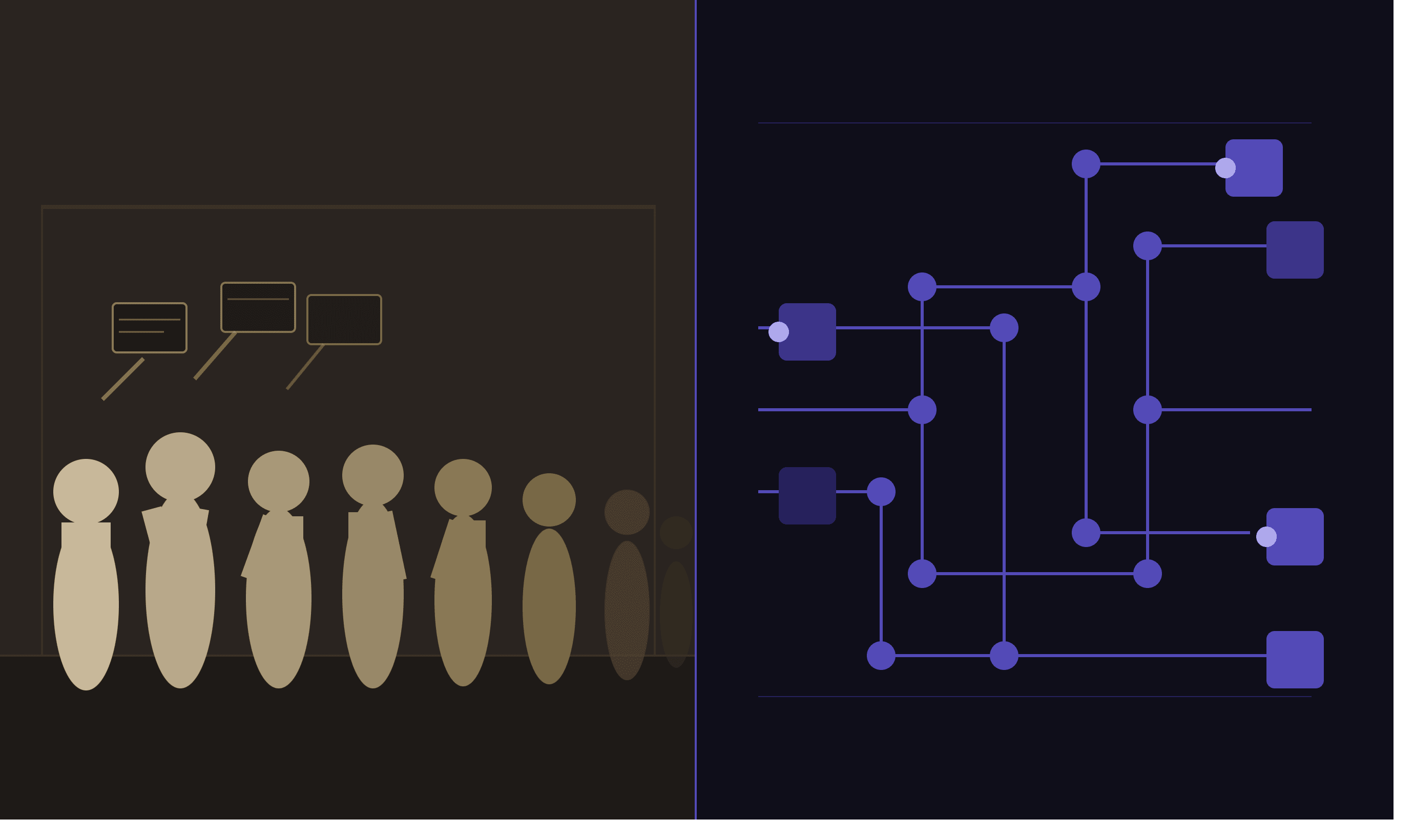 Humans being replaced by algorithms. The left side shows a crowd of silhouettes fading out; the right shows clean machine logic taking over
